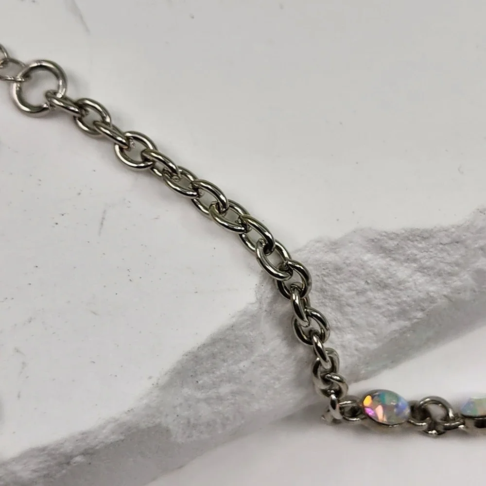 Disney AB Rhinestone Floral Bib Statement Necklace Silver Tone Iridescent Glam